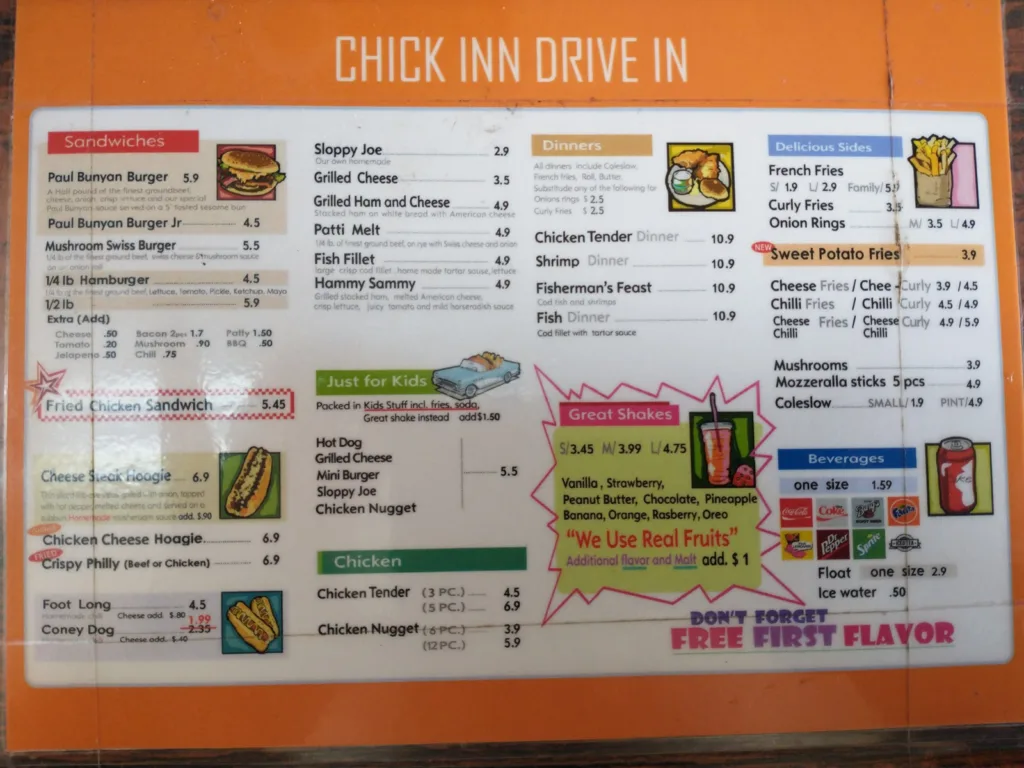 chick inn's menu