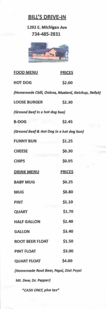 bill's dogs menu (bill's drive in)